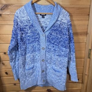 Lands' End Drifter Cardigan Sweater Chunky Knit Blue Striped Cotton Womens Large